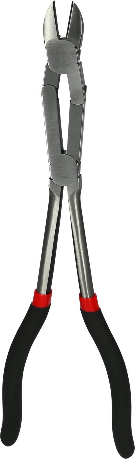 Zange mit schwarzen Griffen und roten Akzenten, zentral vor weißem Hintergrund dargestellt.