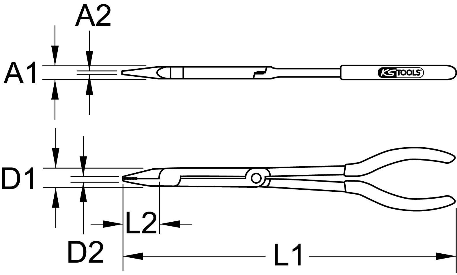 Diagramm von zwei Zangen, Seitenansicht. Oben definiert 'A1' und 'A2', unten 'D1', 'D2', 'L1', 'L2'. Zeigt Größenverhältnisse.