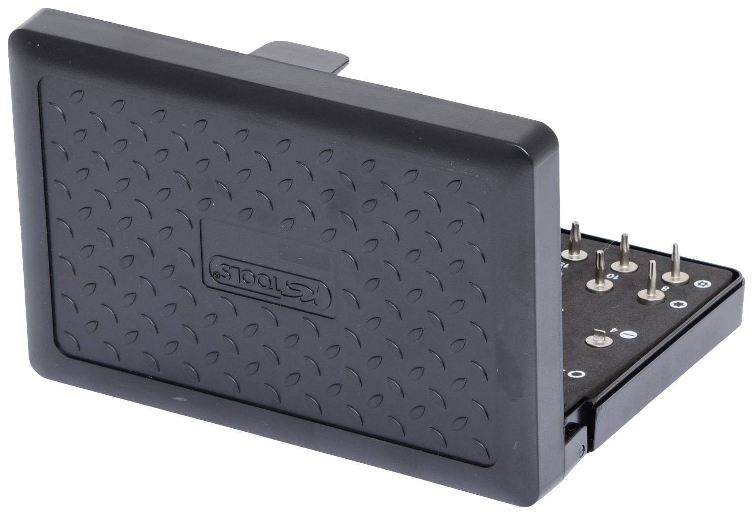 Eine geschlossene schwarze Aufbewahrungsbox mit mehreren Metallstiften auf einer Seite.