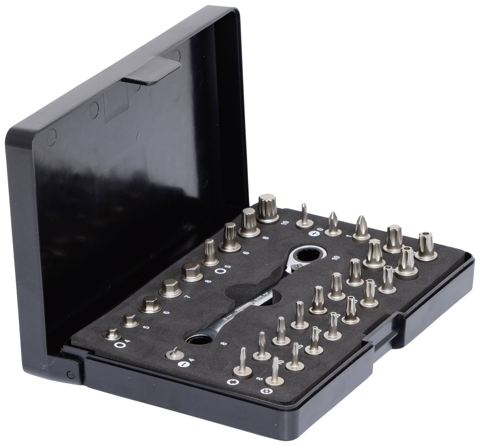 Schwarze Box mit offenem Deckel, enthält verschiedene Schraubendreherbits und einen kleinen Schraubenschlüssel in verschiedenen Größen.