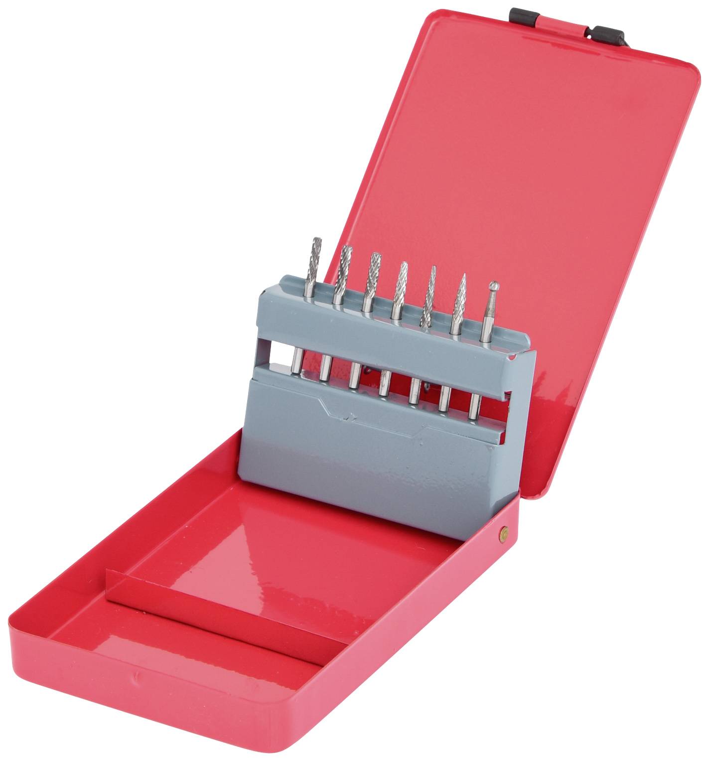 Ein offener roter Metallkoffer mit einem Satz Sechskantschlüssel in verschiedenen Größen.