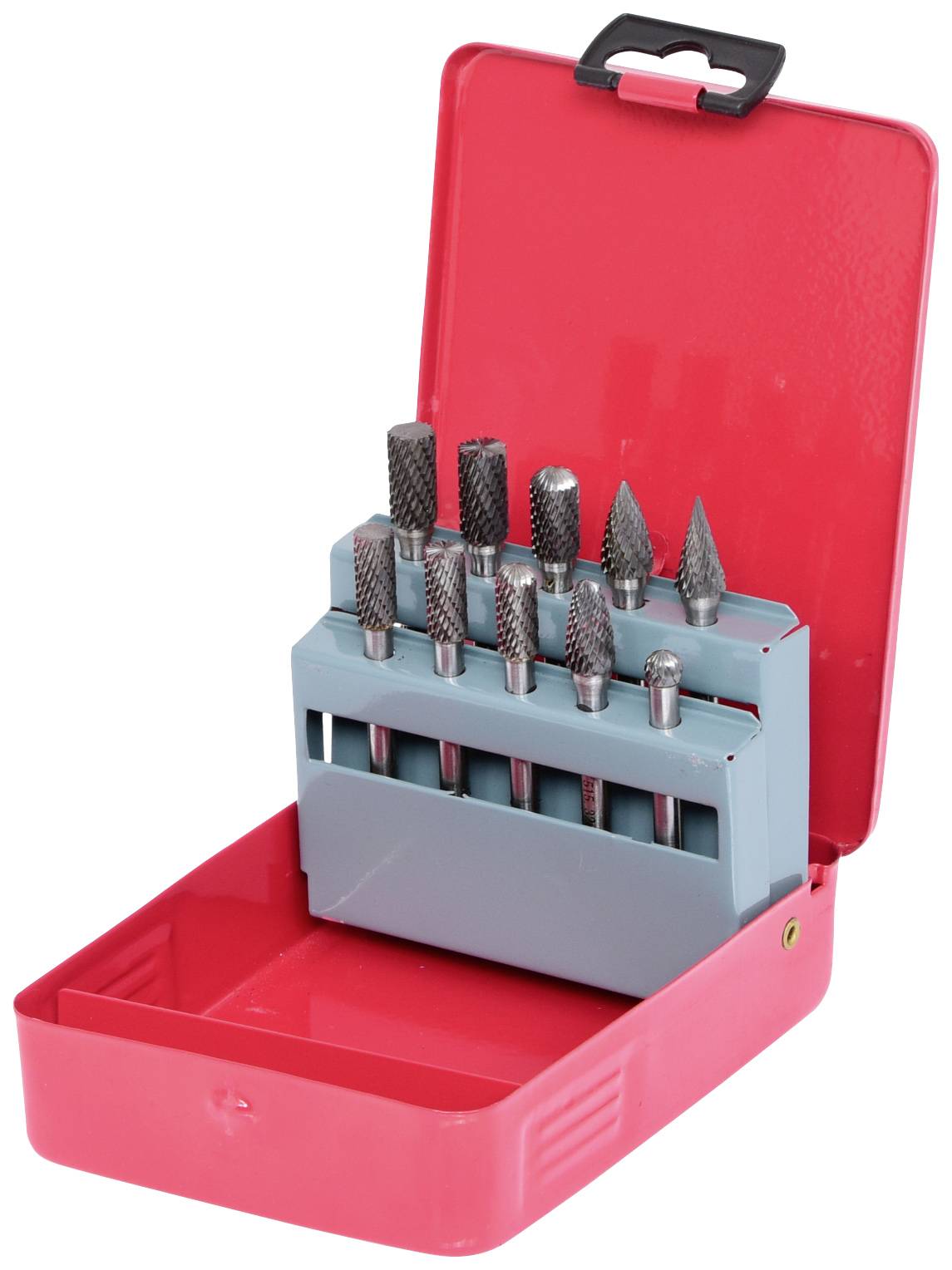 Ein rotes Etui mit geöffnetem Deckel enthält ein Set rotierender Schleifköpfe in verschiedenen Formen und Größen.