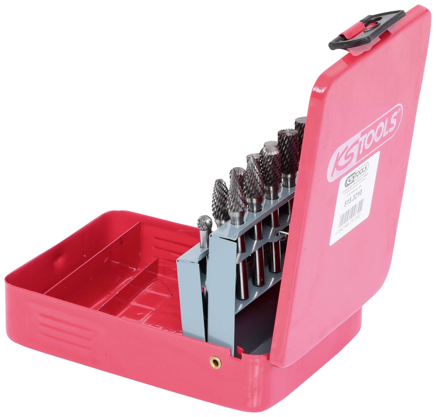 Ein rotes Etui mit 'KS TOOLS' Aufschrift enthält metallische Frässtifte in verschiedenen Größen, zur Bearbeitung von Materialoberflächen.