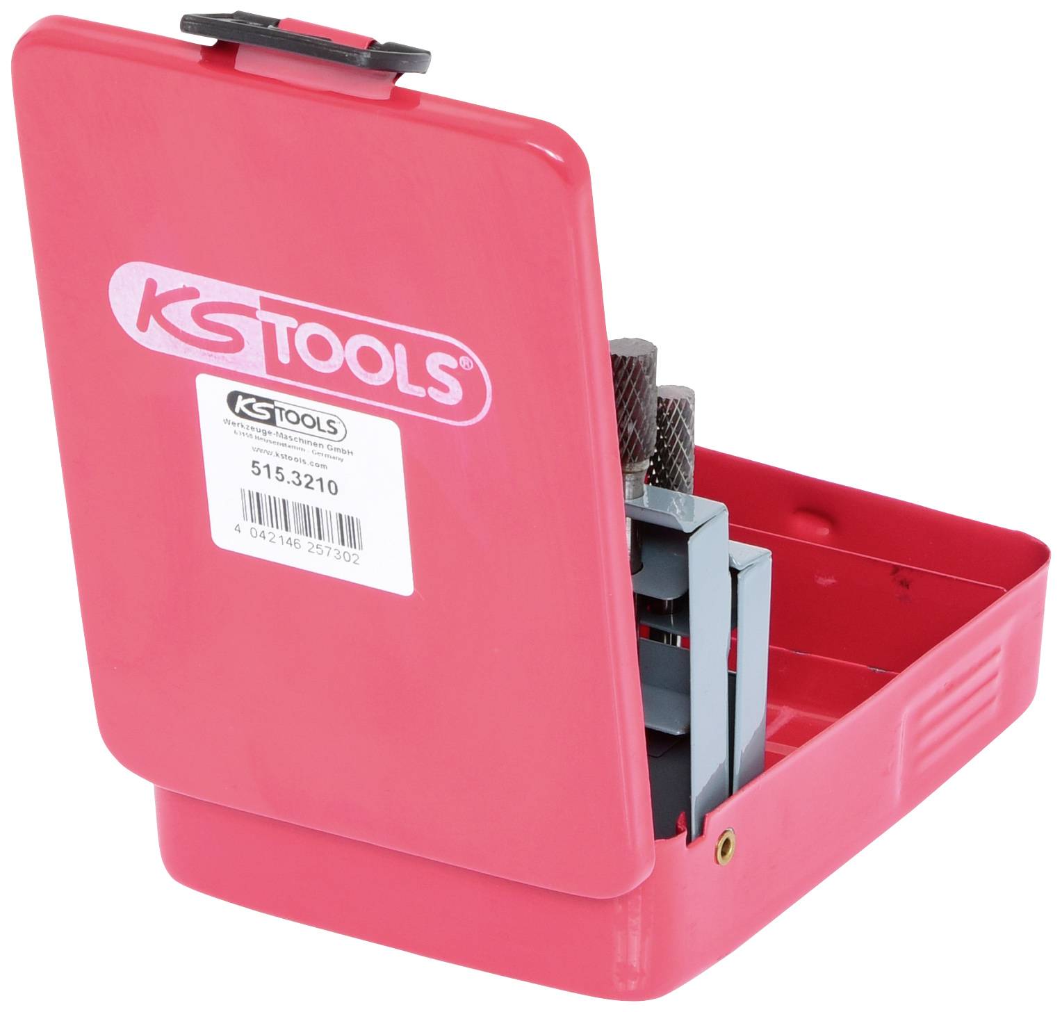 Roter Werkzeugkasten mit 'KS Tools'-Logo, zeigt Werkzeughalterung innen.