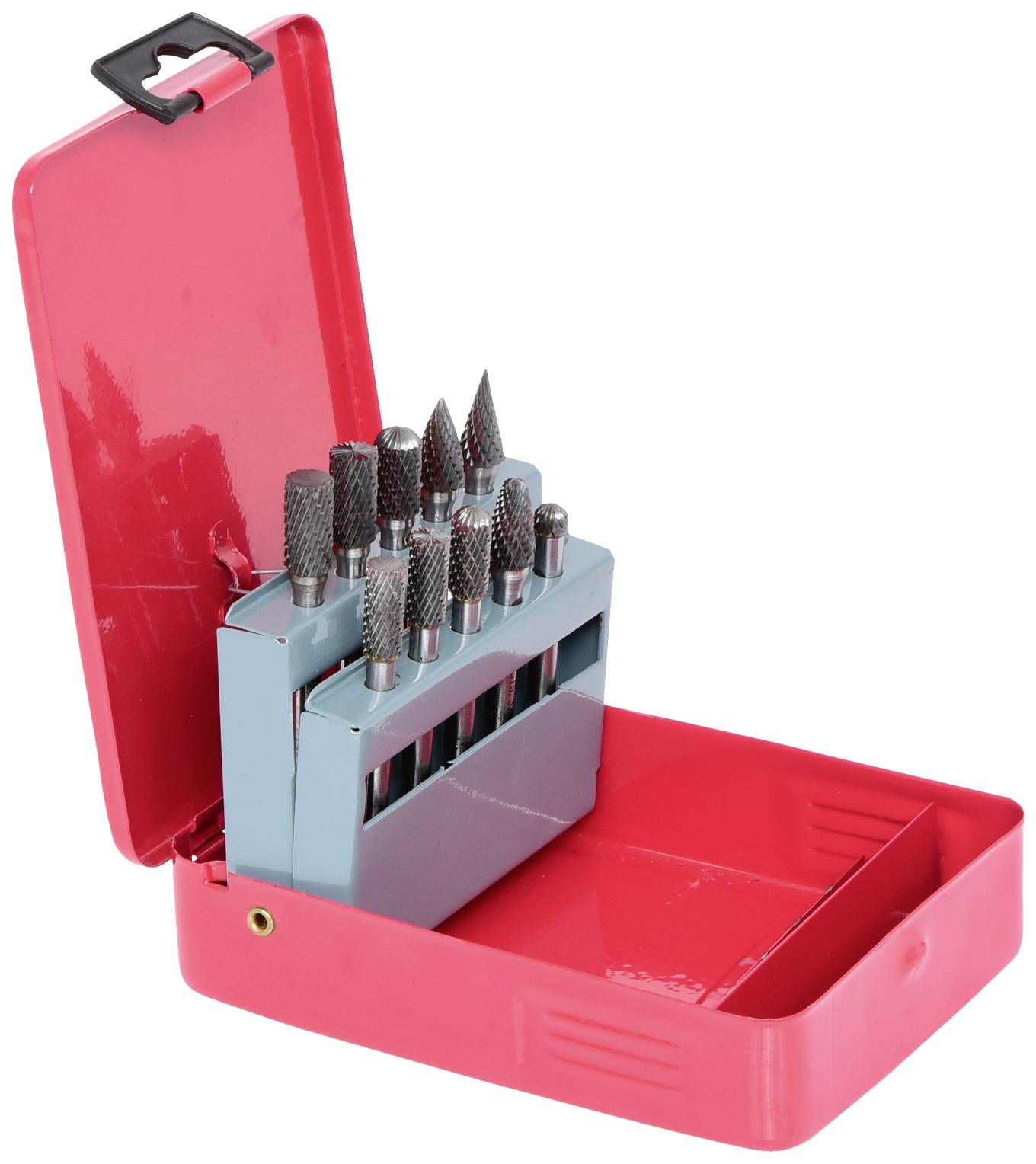 Ein rotes Etui mit Metallfräsern in verschiedenen Formen und Größen, ordentlich angeordnet in einem blauen Halter.