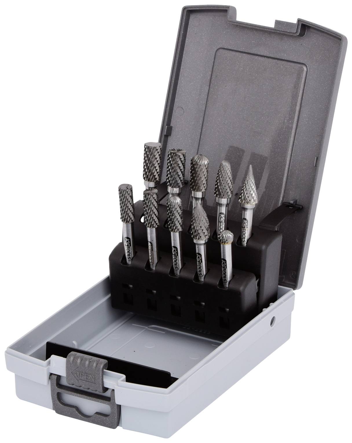 Ein offener Werkzeugkasten zeigt eine Reihe verschiedener rotierender Feilenaufsätze, aufrecht in einem Halter angeordnet.