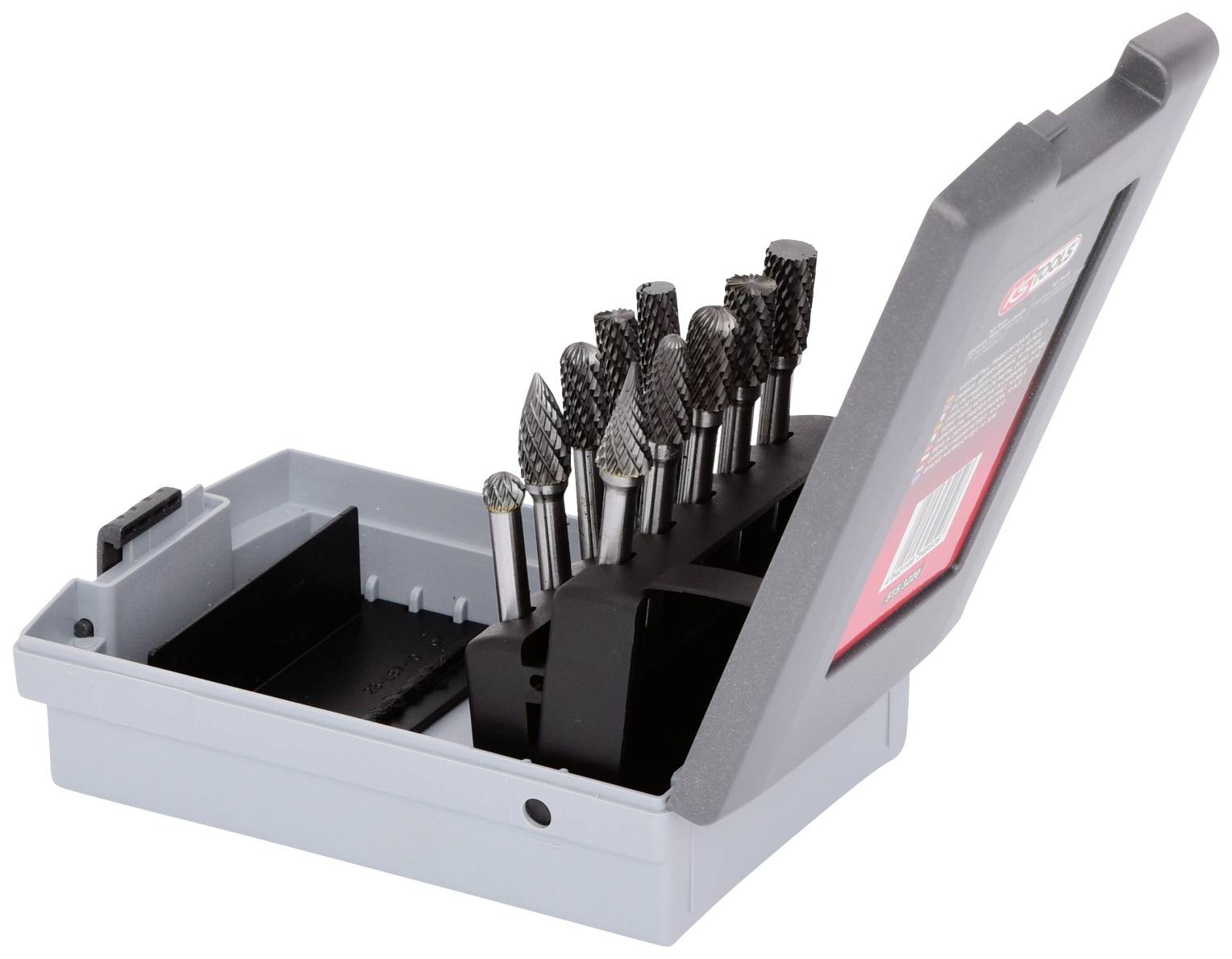 Ein geöffnetes Kunststoffetui zeigt mehrere Metallfräser in verschiedenen Formen. Das Etui ist grau, die Fräser sind vertikal angeordnet.