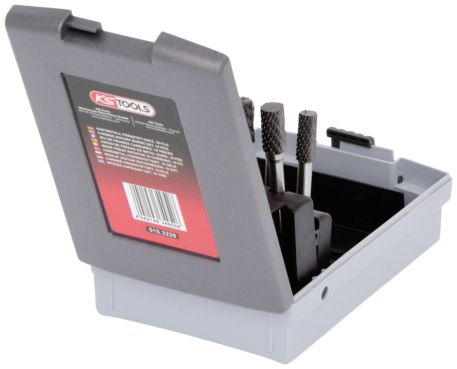 'KS Tools' Schaftfräser-Set in offener grauer Box mit vier Fräsern aus Stahl, geeignet zum Einsatz in Metallbearbeitung.