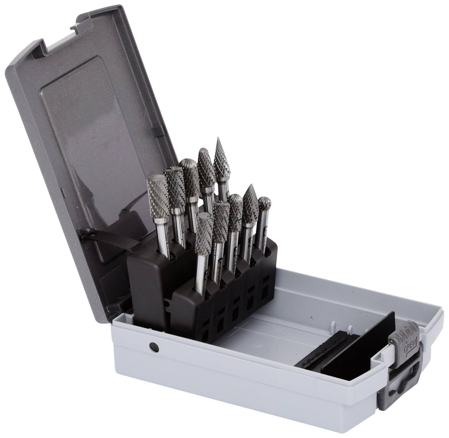 Ein offener Kunststoffkoffer mit verschiedenen Schleifaufsätzen in unterschiedlichen Formen zur Verwendung mit Schleifgeräten.