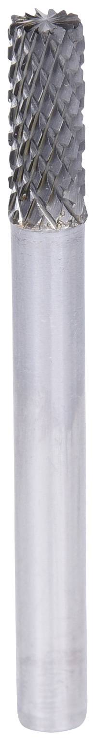 Ein zylindrischer Hartmetallfräser mit geschliffener Schneidfläche und spiralförmigen Kanten, der zum Fräsen von Materialoberflächen verwendet wird.