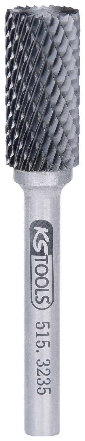 Werkzeugfoto zeigt einen zylindrischen Frässtift mit silbernem Schaft und schwarz gefräster Schneide. Auf Schaft steht 'KS Tools 515.3235'.