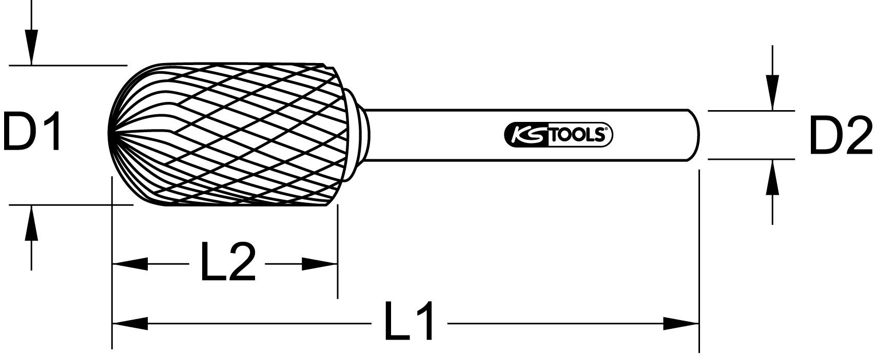 Abbildung eines Frässtifts mit Maßen: D1, D2, L1, L2. Markiert mit 'KS TOOLS' auf dem Schaft.