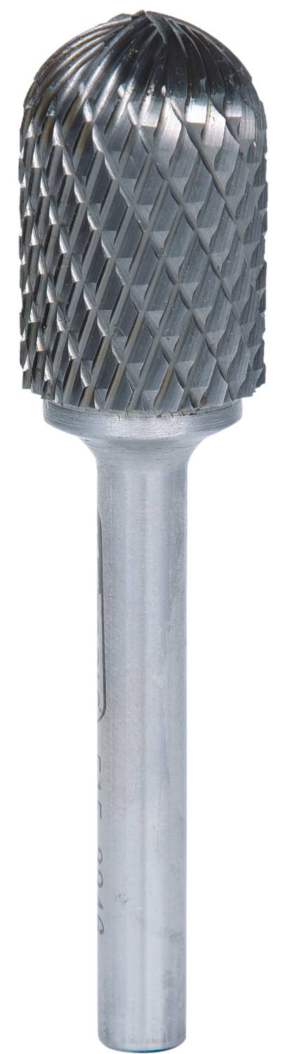 Ein zylindrischer Frässtift mit kreuzgehärteter Schneide auf einem metallischen Schaft, verwendet für Metall- und Holzbearbeitung.
