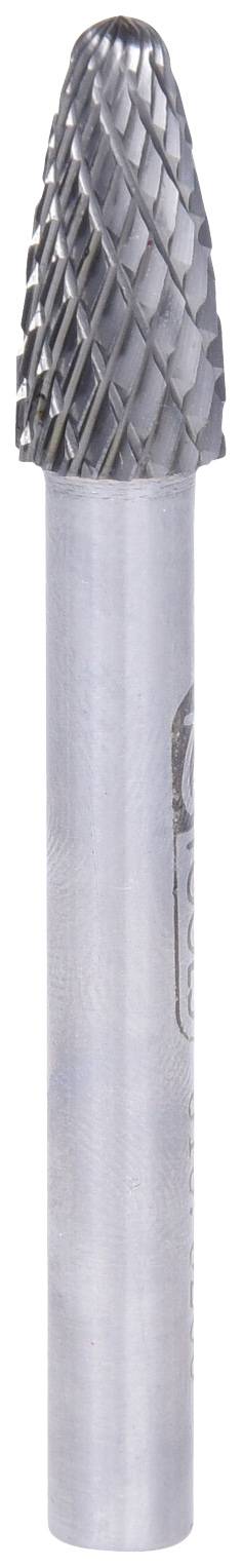 Ein zylindrischer Metallfräser mit einer kegelförmigen Schneidfläche, die mit einem spiralförmigen Muster versehen ist.