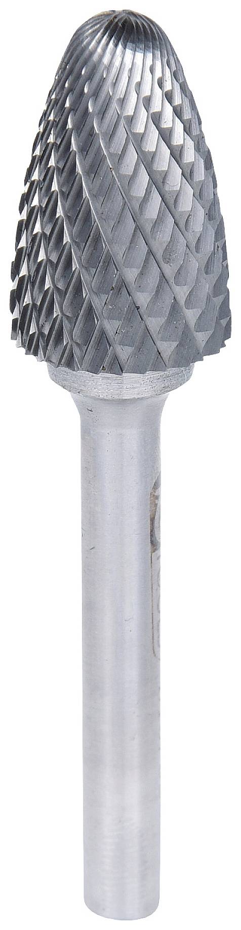 Ein kegelförmiger Frässtift aus Metall mit scharfer Riffelung, geeignet für präzises Schneiden und Schleifen von Materialien in der Metallbearbeitung.