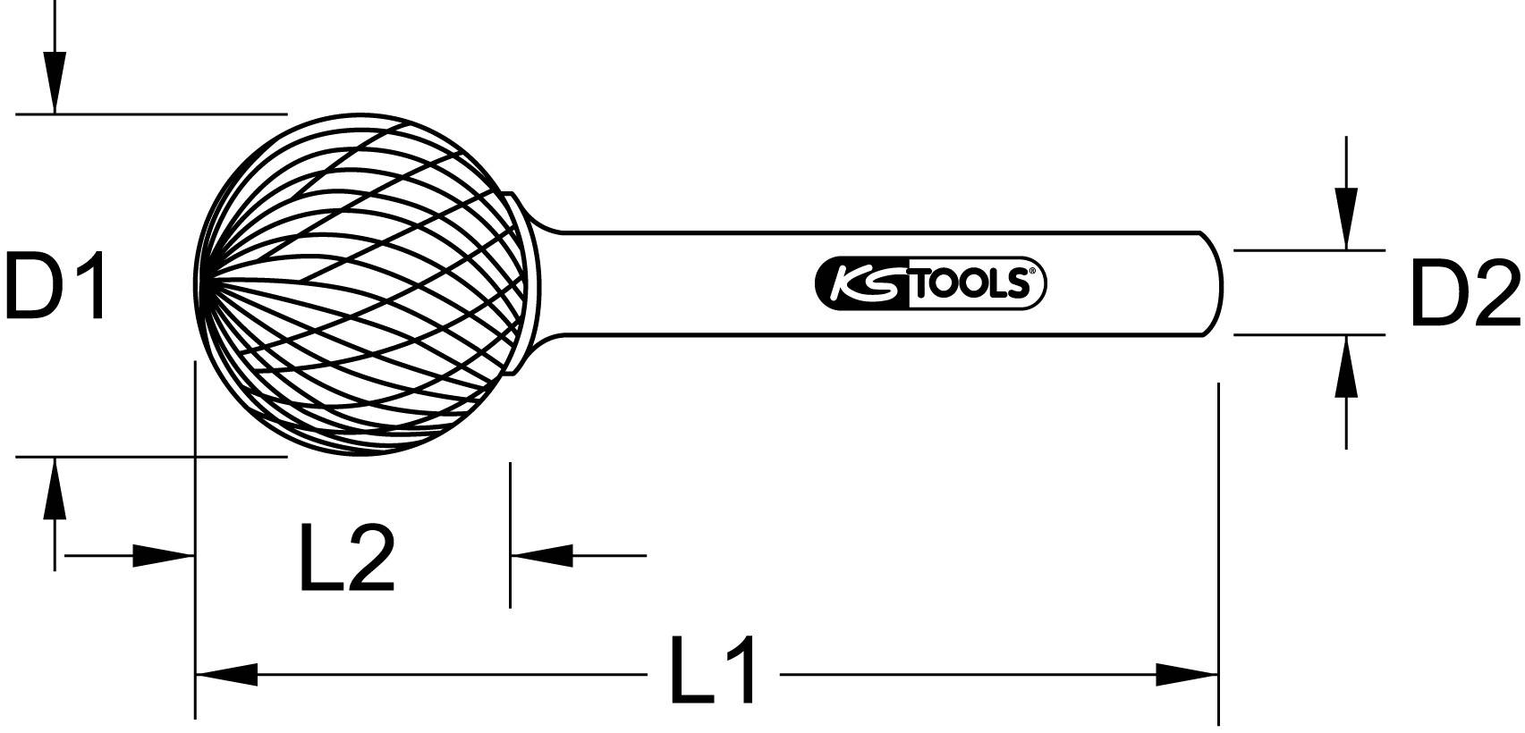 Technische Zeichnung eines Kugelfräsers mit den Maßen D1, D2, L1, und L2. Der Griff ist mit dem Logo 'KS TOOLS' gekennzeichnet.