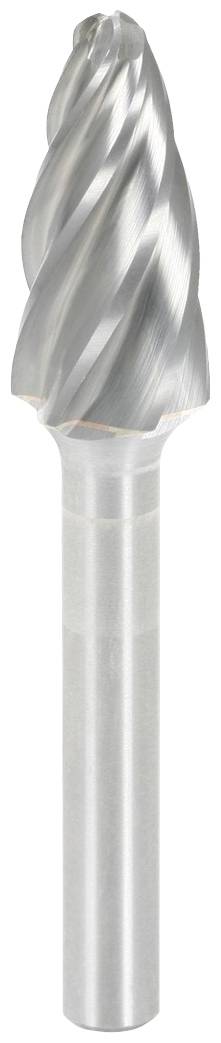 Eine silberne Frässtift mit spiralförmiger Schneide, verwendet in der Metallbearbeitung für präzises Fräsen und Schleifen.