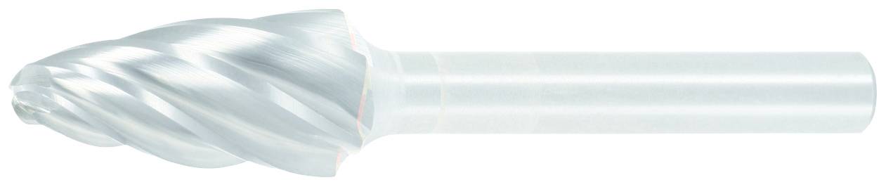 Ein rotierender Frässtift aus Metall mit einer spiralförmigen Schneide für Präzisionsbearbeitung bei Metallarbeiten.