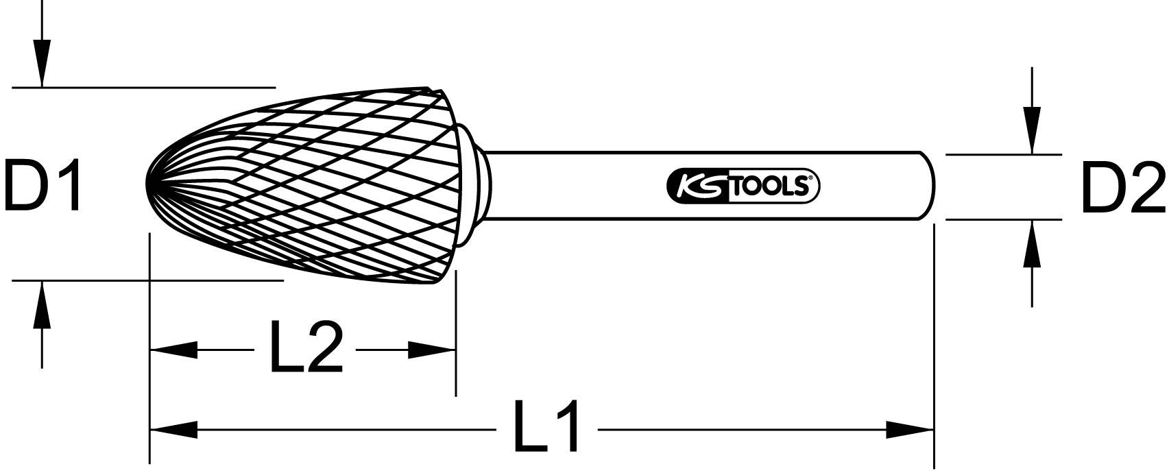 Abbildung eines kegelförmigen Fräsers mit den Maßen D1, D2, L1, und L2 dargestellt. Der Fräser trägt die Aufschrift 'KS TOOLS'.