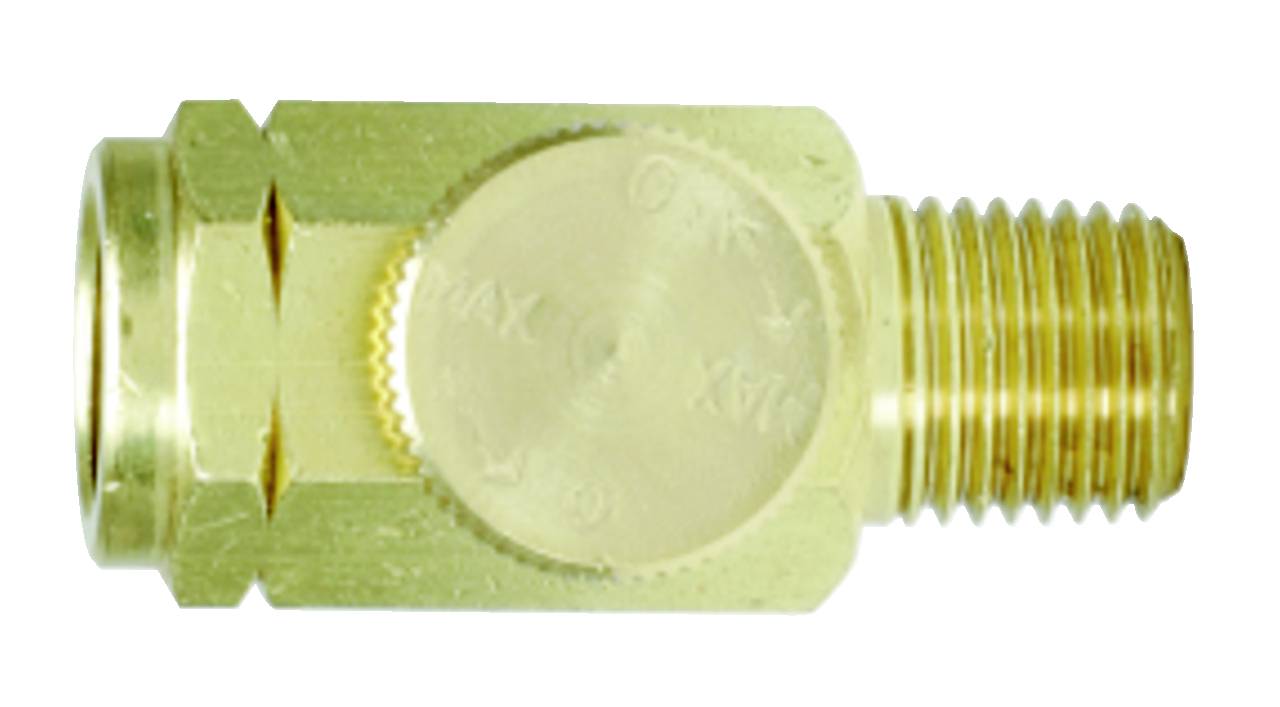 Messing-Druckminderer mit zylindrischem Außengewinde und gerändelter Oberfläche zur manuellen Einstellung des Durchflusses.