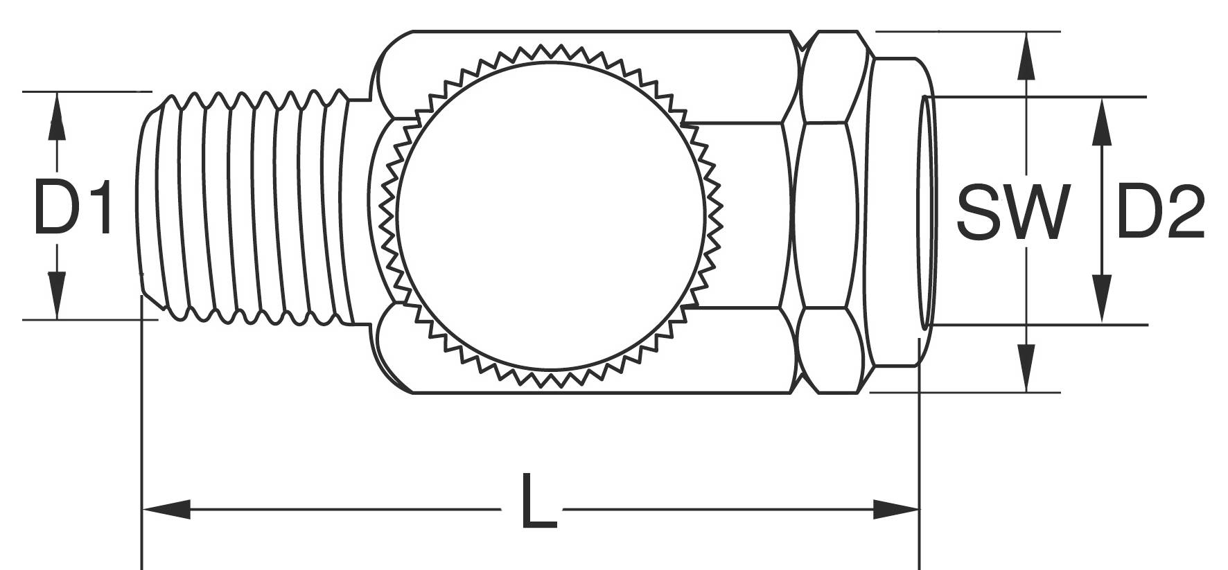 Technische Zeichnung eines zylindrischen Verbindungsstücks mit Gewinde links, zwei Durchmesser (D1, D2), Länge (L) und Schlüsselweite (SW).