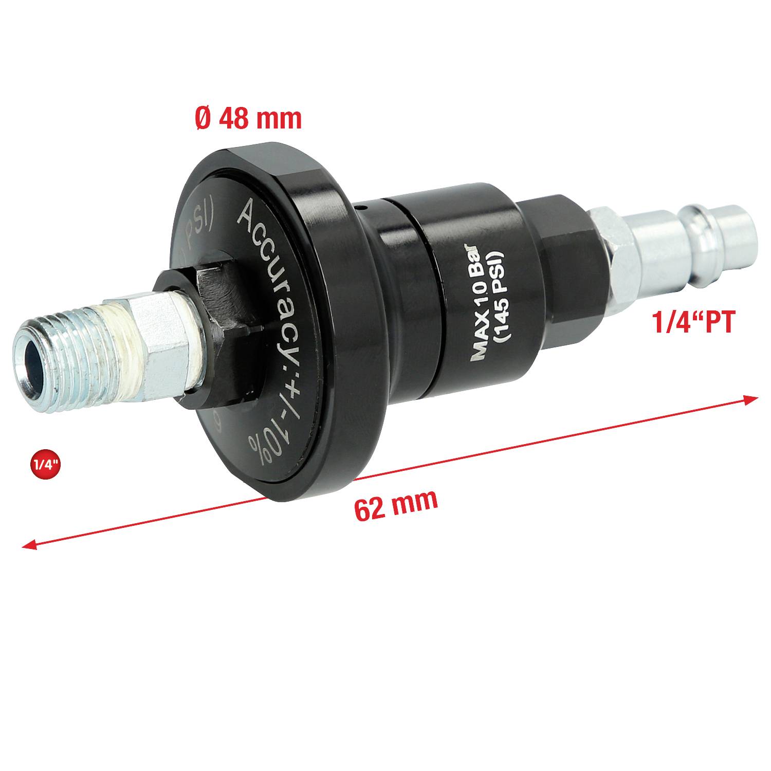 Druckmesseradapter, 62 mm lang, mit Ø 48 mm, Genauigkeit ±1,0 %, maximaler Druck 10 Bar (145 PSI), Anschluss 1/4