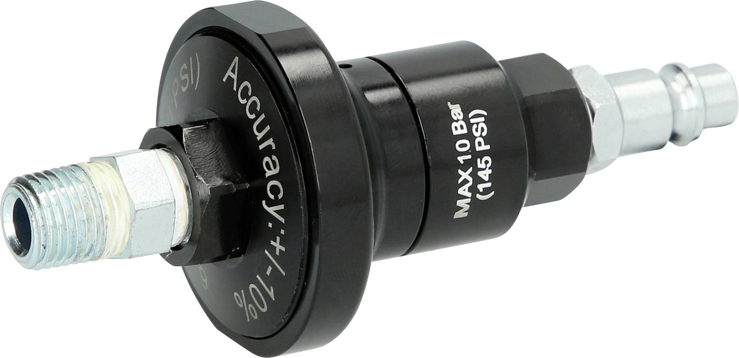 Ein schwarzes Manometer mit der Aufschrift 'Accuracy: ±1.0%' und 'MAX 10 Bar (145 PSI)', verwendet zur Messung von Druck.