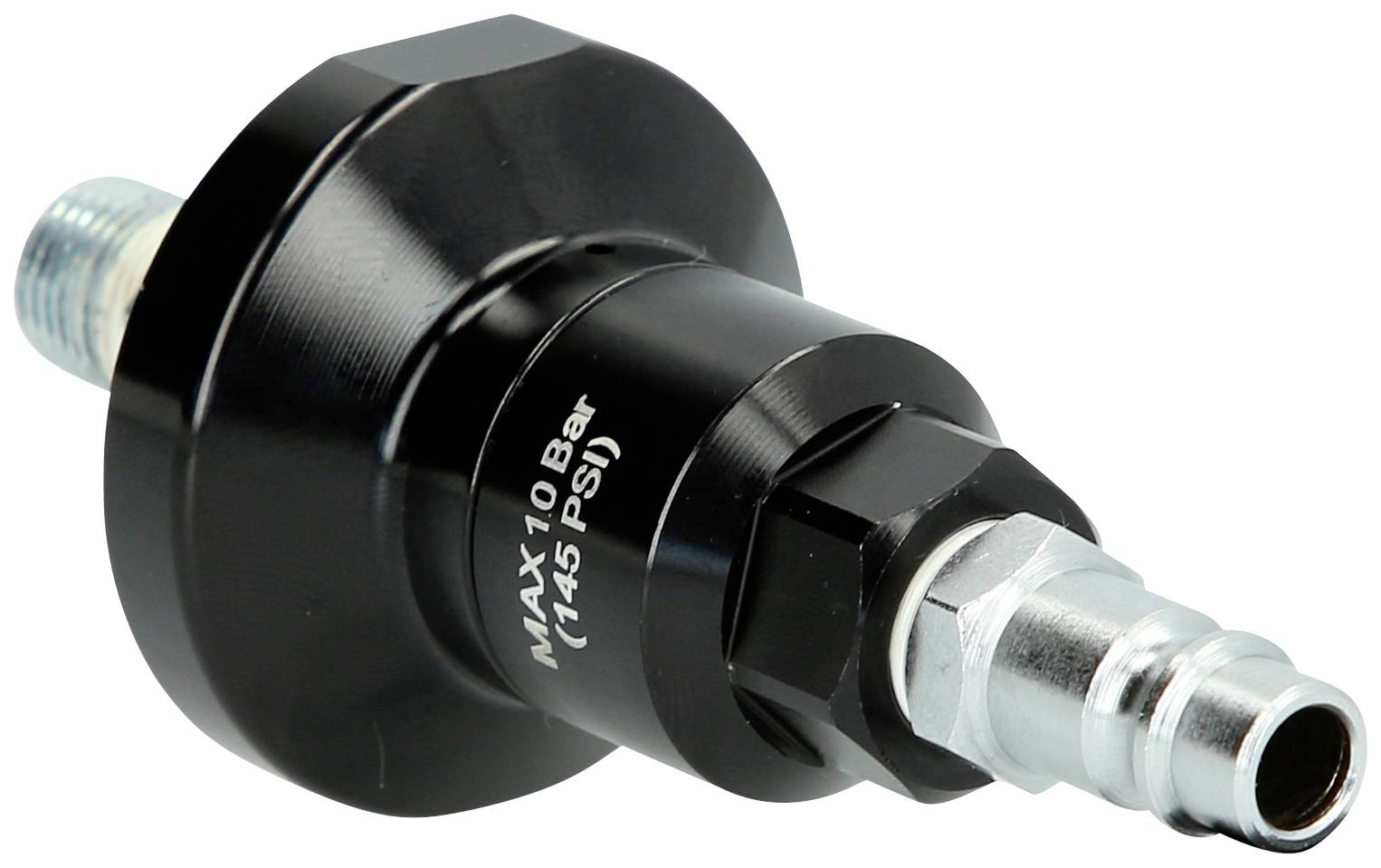 Ein schwarzes Druckluftzubehör mit der Aufschrift 'MAX 10 Bar (145 PSI)'. Das Gerät hat metallische Anschlüsse an beiden Enden.