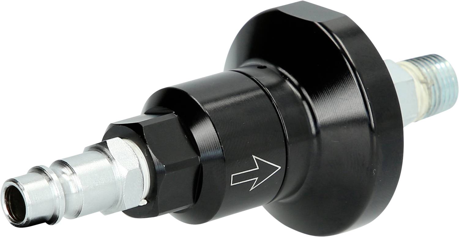 Schwarzes Metallventil mit Pfeilmarkierung, zeigt Richtung des Luftstroms an. Kegelförmige Struktur mit Metallanschluss.