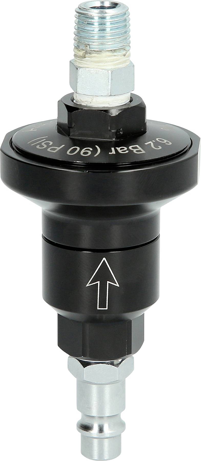 Schwarzer Druckminderer mit Pfeil und Beschriftung 6,2 bar (90 psi), Metallbeschläge oben und unten. Zur Druckregelung in Systemen geeignet.