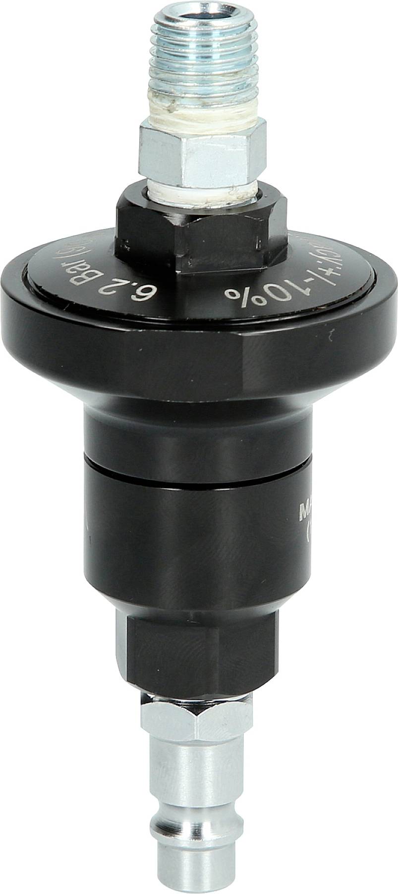 Druckregler mit schwarzem Gehäuse und silbernen Anschlüssen, geeignet für präzise Druckeinstellungen in Maschinen oder Geräten.