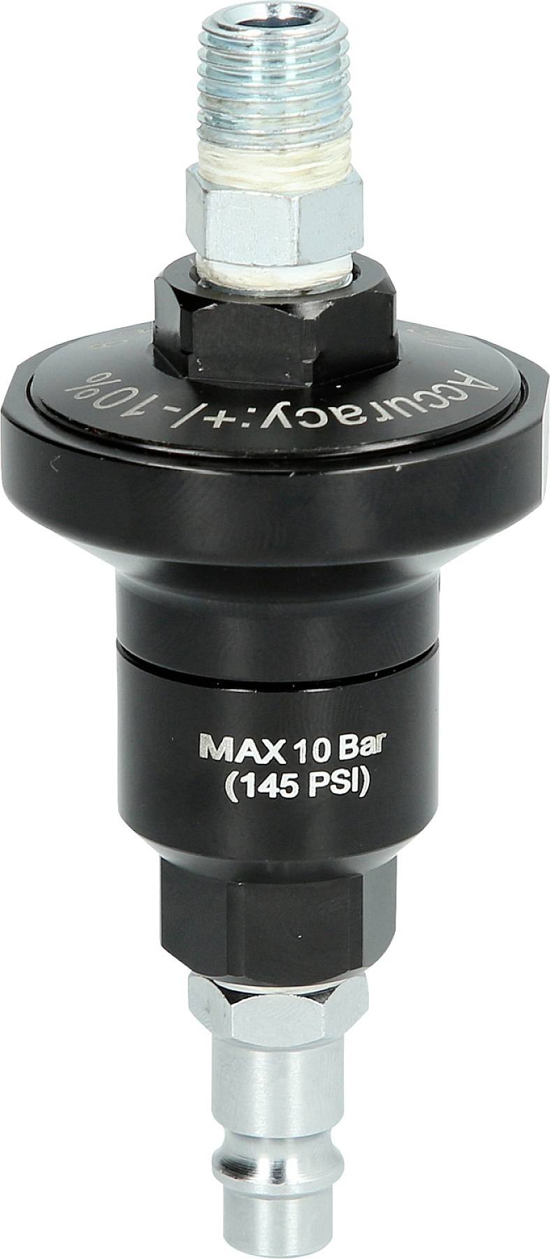 Ein schwarzer Druckregler mit der Aufschrift 'MAX 10 Bar (145 PSI)', geeignet für pneumatische Systeme.