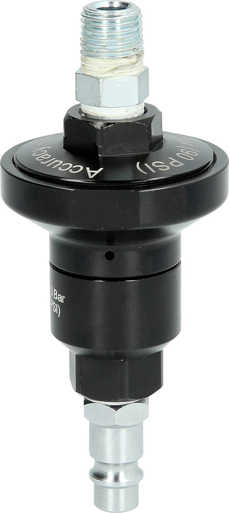 Ein schwarzer Druckregler mit Aufschrift '10 PSI (0,7 Bar)' und 'AccuAir'. Verwendet in pneumatischen Systemen zur Drucksteuerung.