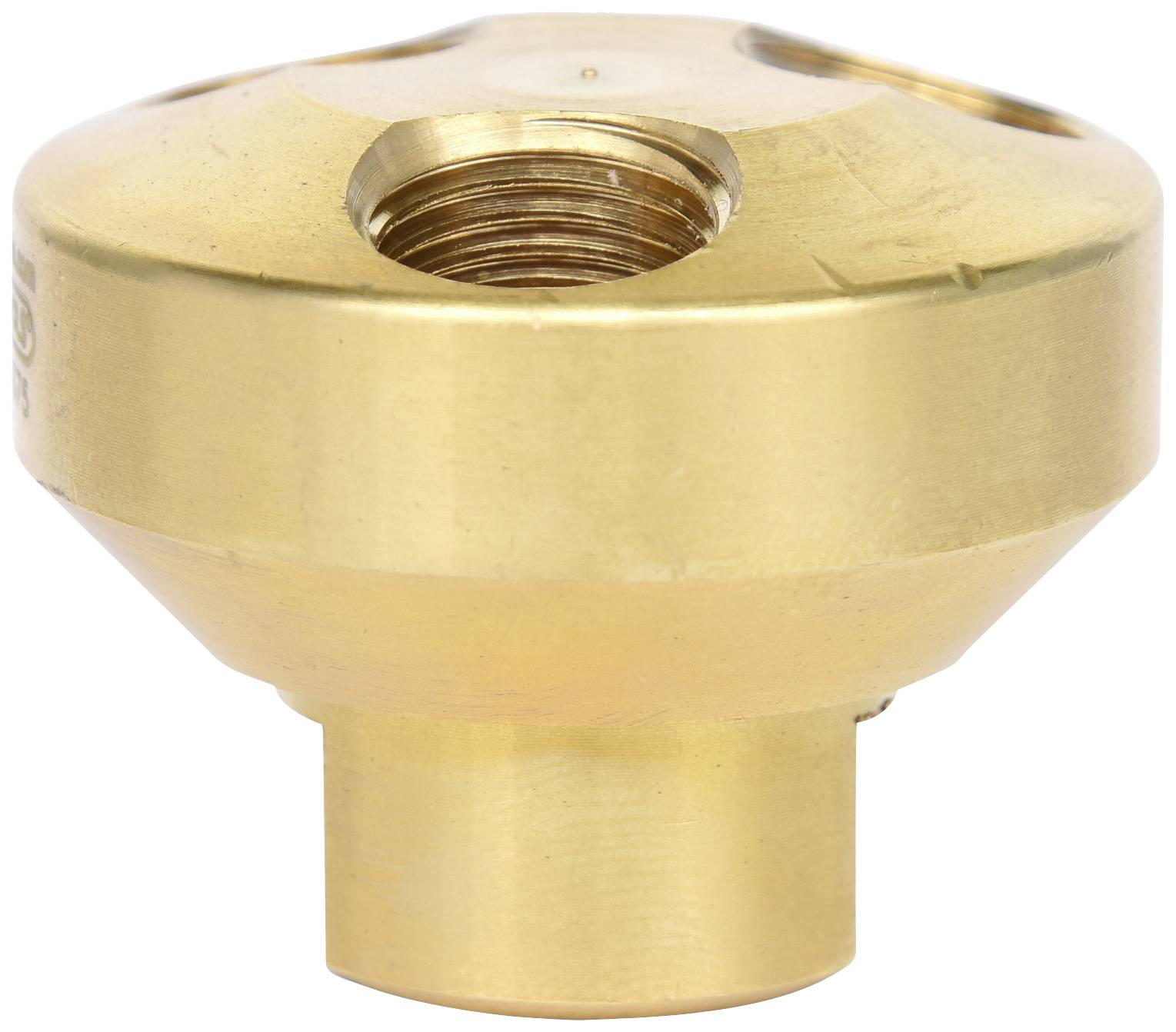 Vergoldetes Metallteil mit mehreren Gewinden, konisch geformt, möglicherweise ein mechanisches oder elektronisches Verbindungselement.