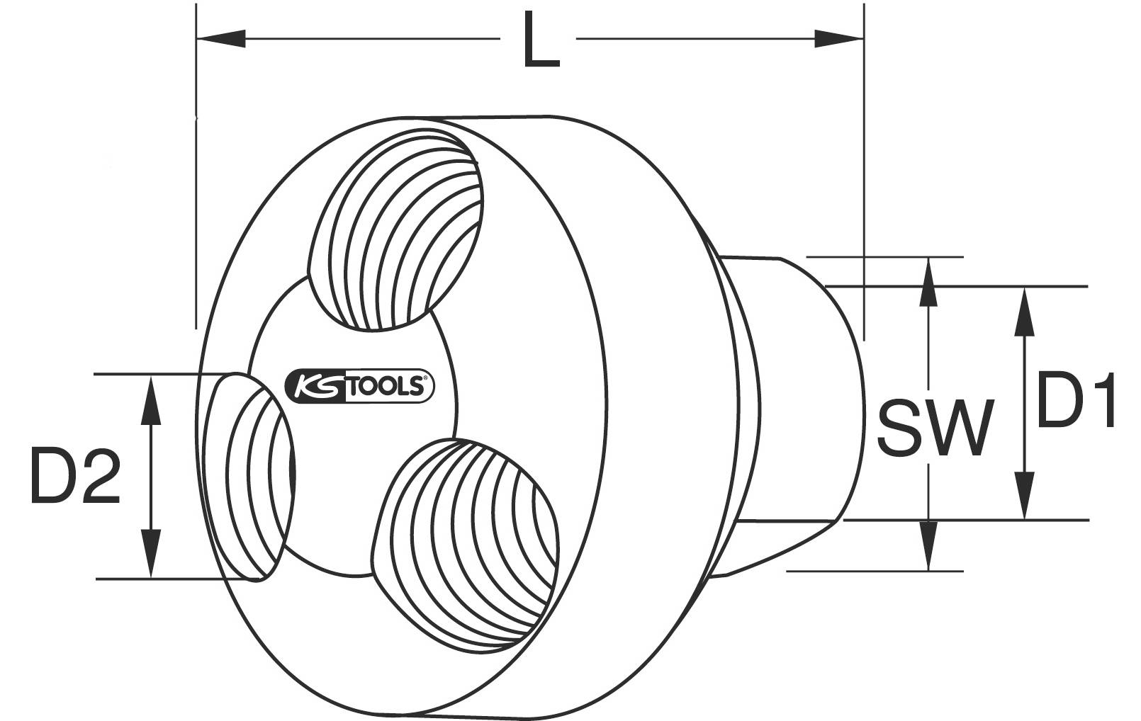 Abbildung eines Werkzeugs von KS Tools mit variablen Maßeinheiten L, SW, D1 und D2, das für technische Zeichnungen oder Montageanleitungen verwendet wird.
