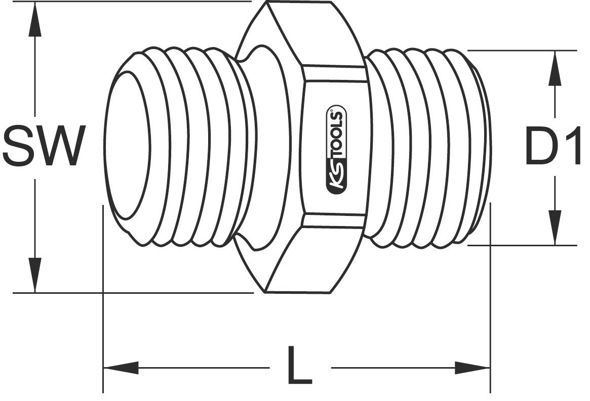 Schraubverbindungsskizze mit Abmessungen: SW (Schlüsselweite), D1 (Durchmesser) und L (Länge). Markiert mit 'KS TOOLS'.