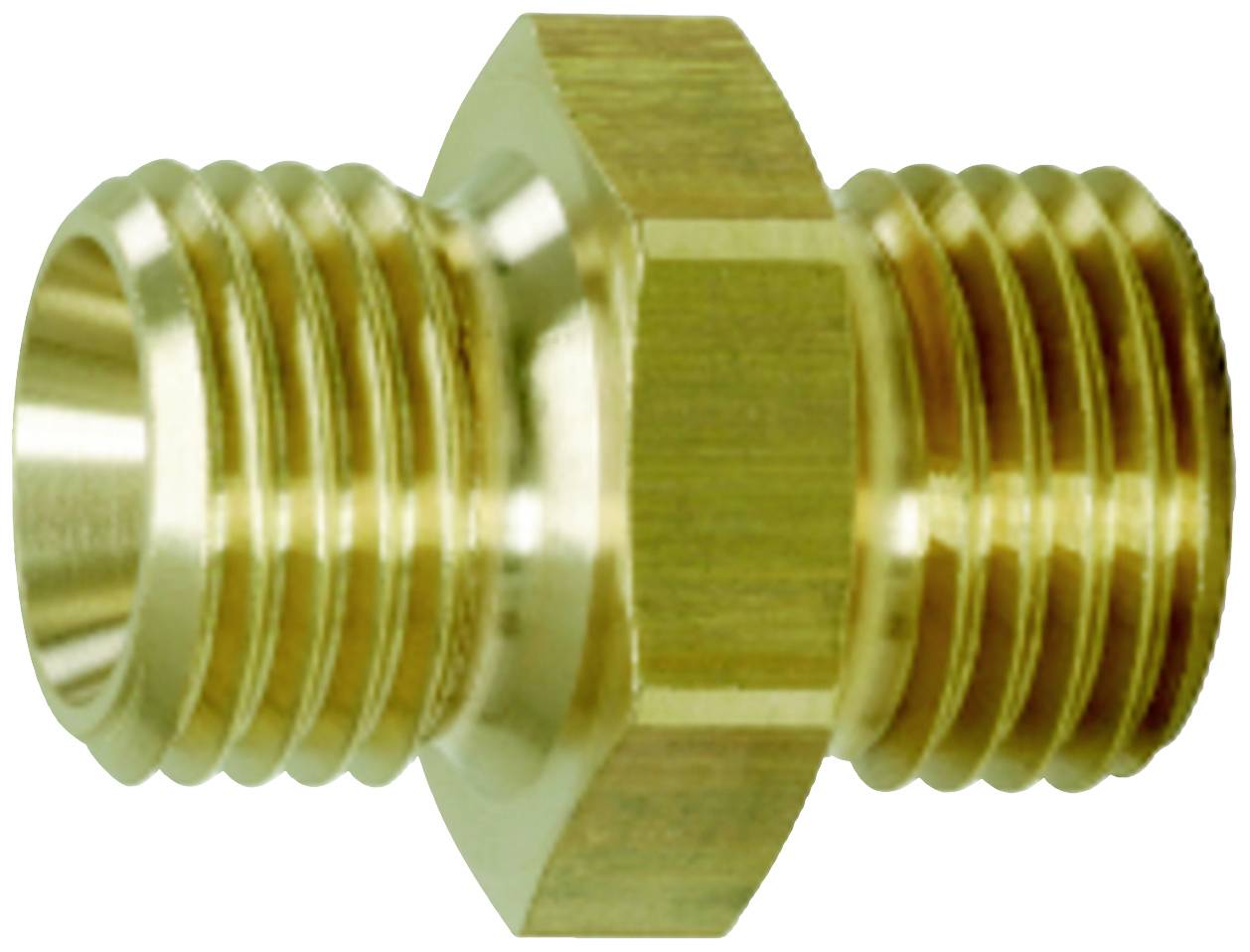 Messing-Fitting mit Sechskantkopf und zwei Außengewinden rechts und links. Verwendet in Sanitär- oder Heizungsinstallationen.