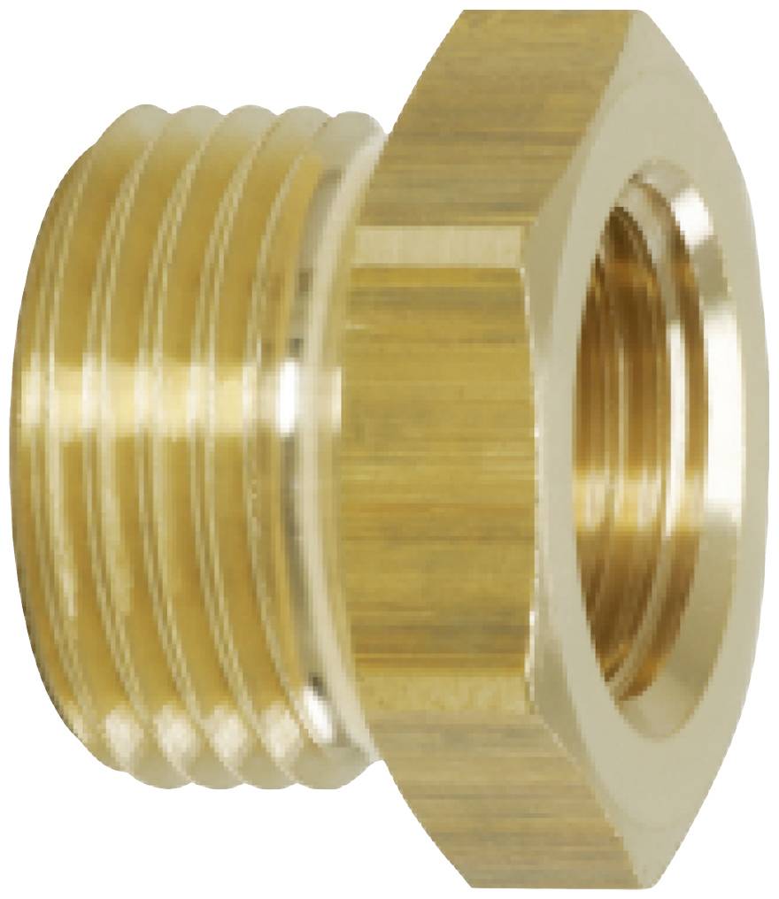 Ein goldener Messing-Sechskant-Reduziernippel mit Außengewinde links und Innengewinde rechts, geeignet für Rohrverbindungen.