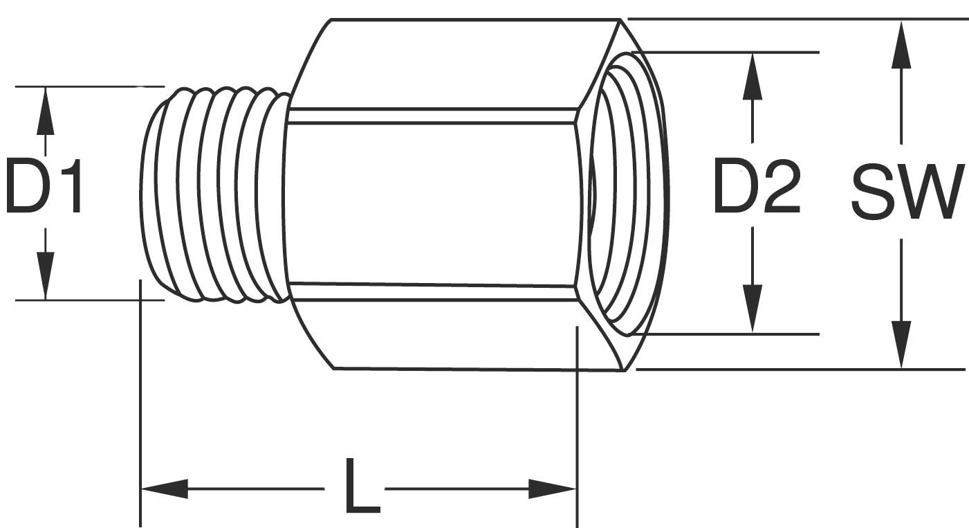 Technische Zeichnung eines zylindrischen Adapters mit Außengewinde (D1), Innendurchmesser (D2), Länge (L) und Schlüsselweite (SW).