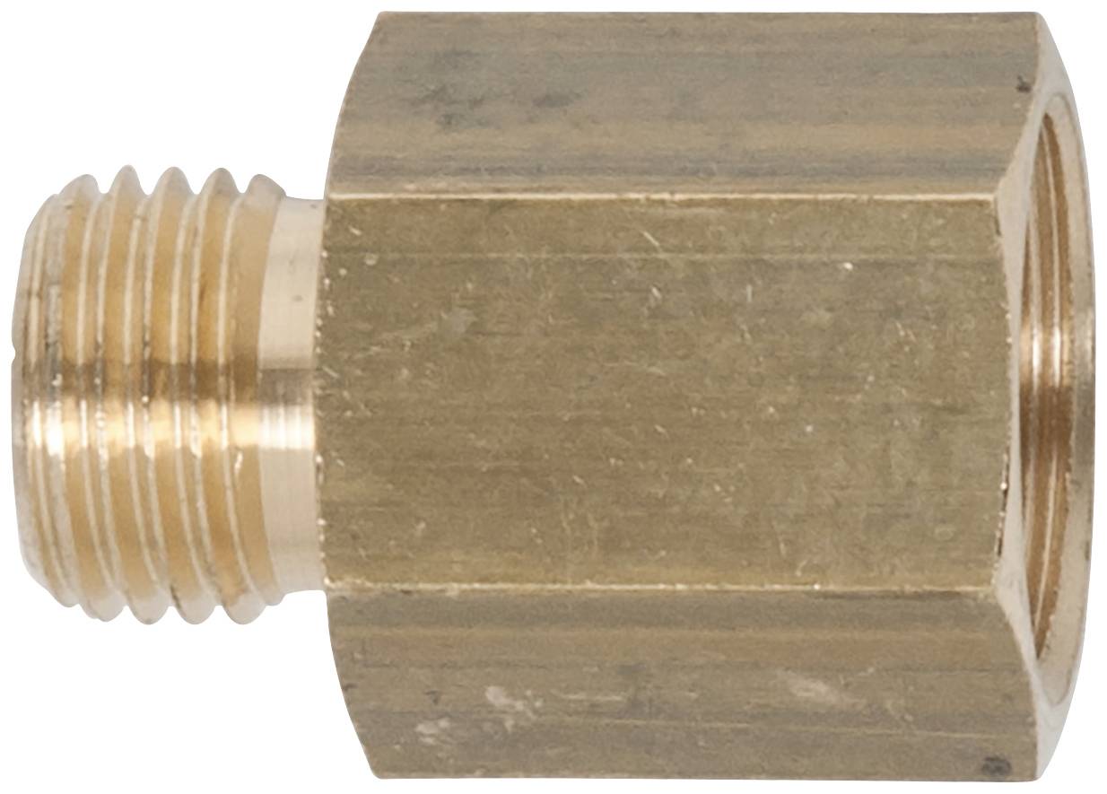 Messinggewindeadapter, zylindrisch, mit kleinem Außengewinde links und größerem Innengewinde rechts. Hauptsächlich für Verbindungszwecke.