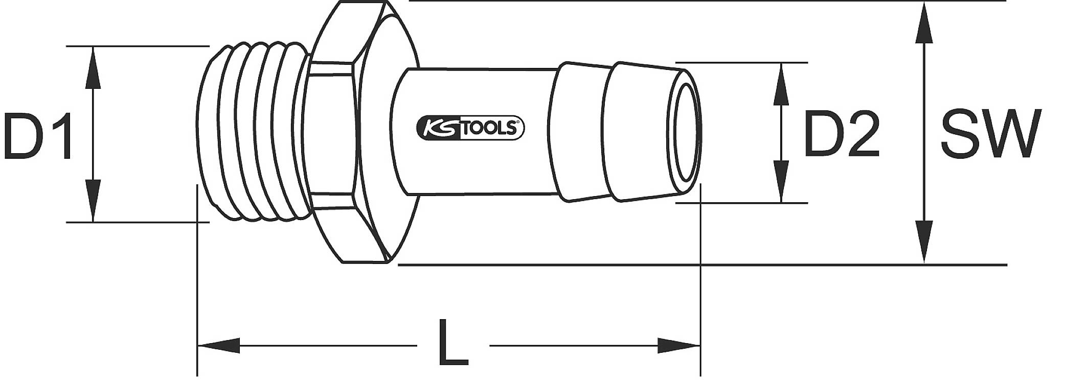 Technische Zeichnung eines Schlauchstutzens mit Maßen D1, D2, L und SW. Markierung 'KS TOOLS' in der Mitte des Stutzens.