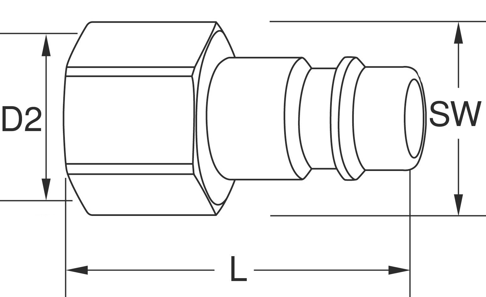 Technische Zeichnung eines Adapters mit Maßangaben: Durchmesser D2, Länge L, und Schlüsselweite SW sind markiert.