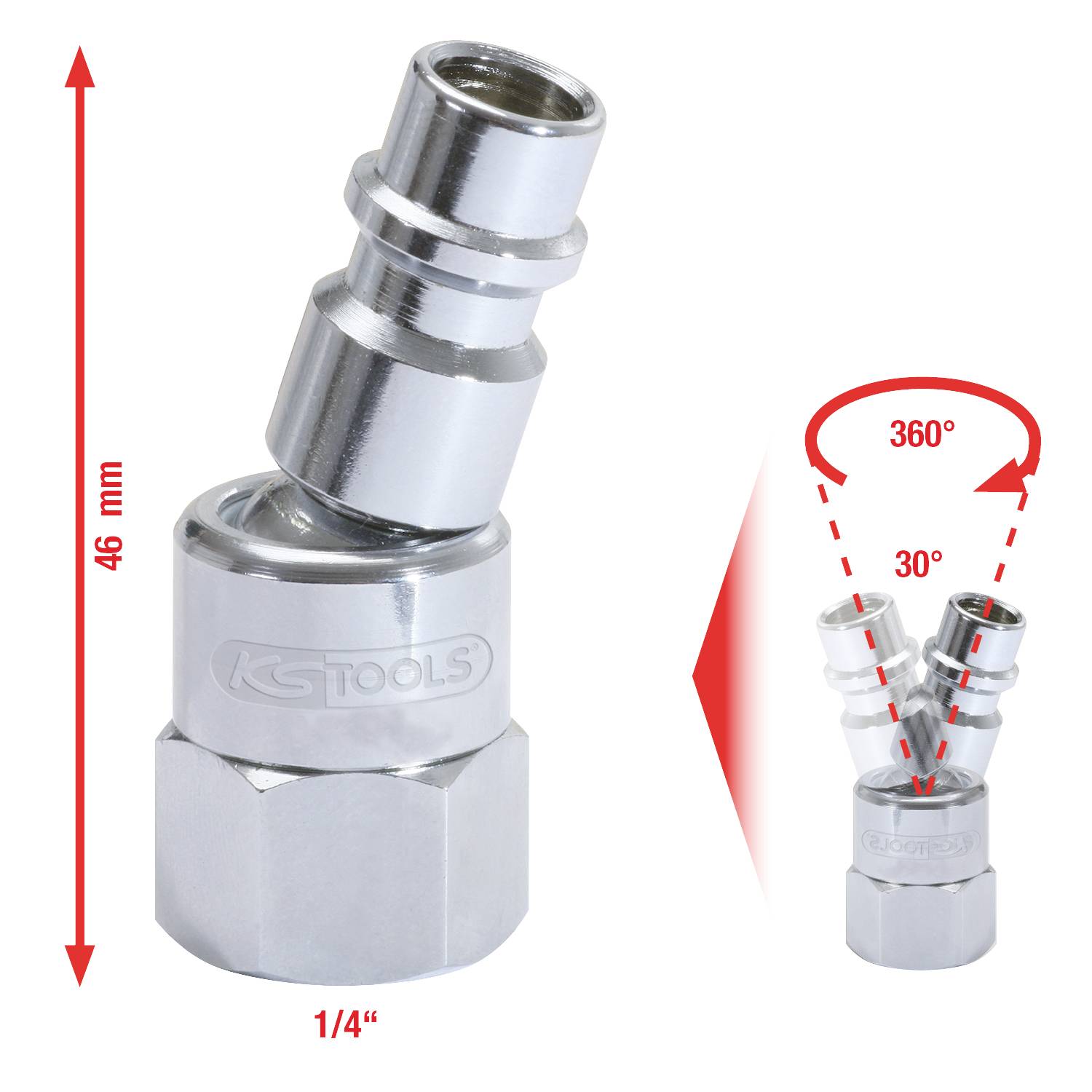 'KS TOOLS': Drehgelenk aus Metall, 46 mm hoch, mit 1/4-Zoll-Anschluss. Bietet 360° Rotation und 30° Neigung für Flexibilität.
