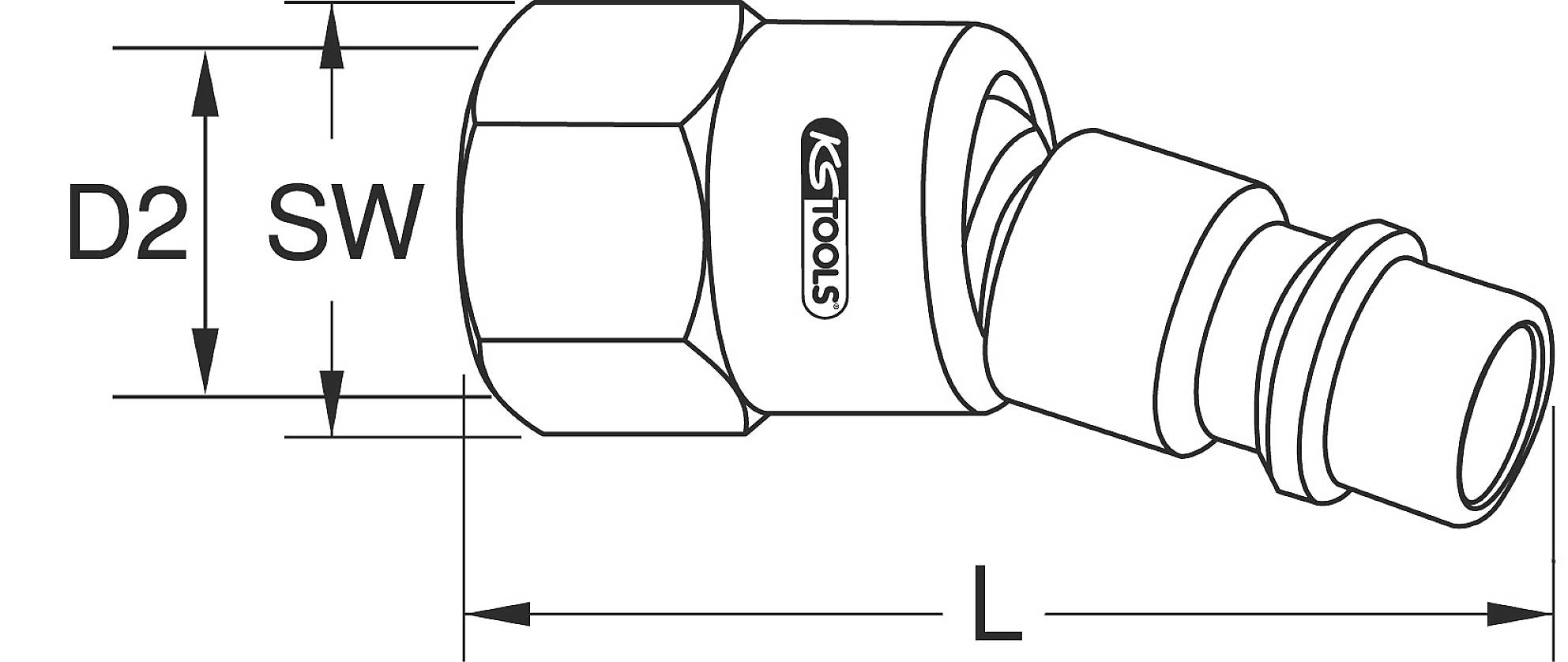 Technische Zeichnung eines Stecknippels mit Gewinde. Beschriftet mit 'D2', 'SW' und 'L', um verschiedene Maße zu zeigen.