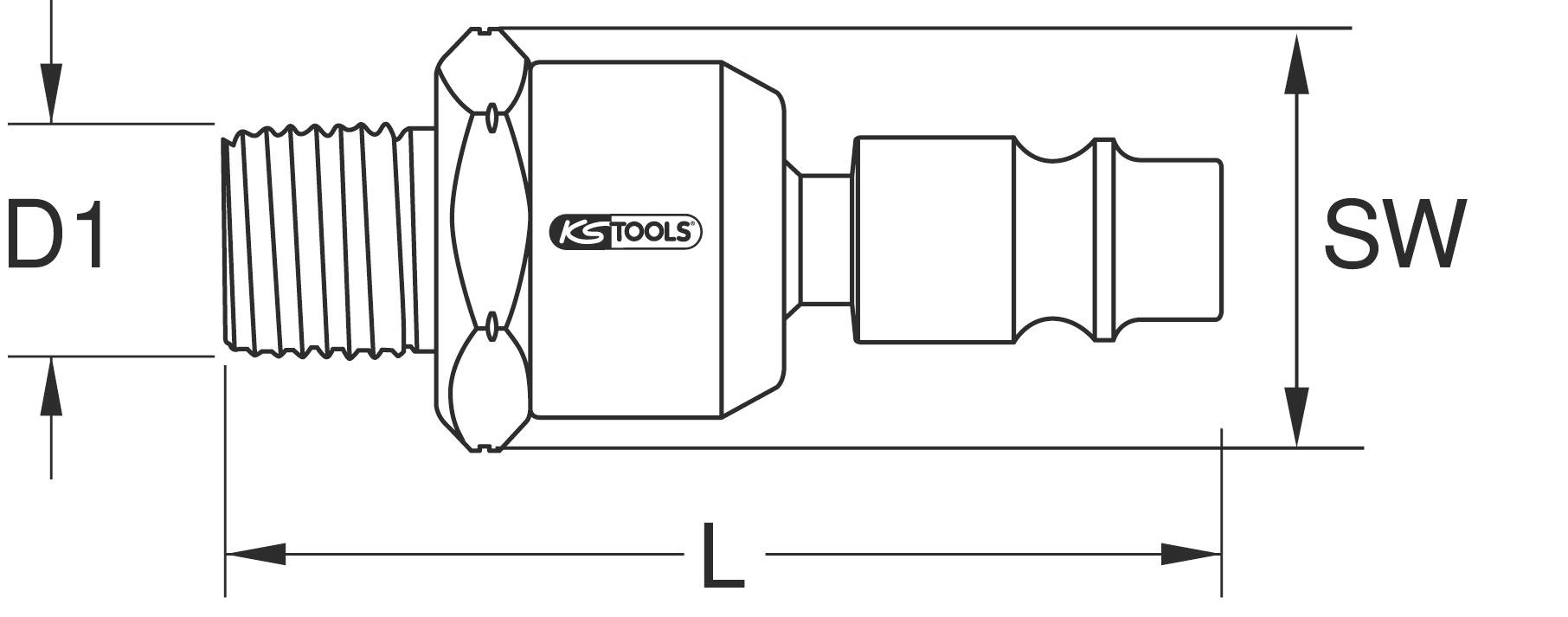 Technische Zeichnung eines Adapters mit Gewinde D1, Länge L und Schlüsselweite SW, verwendet für spezielle Werkzeuge.