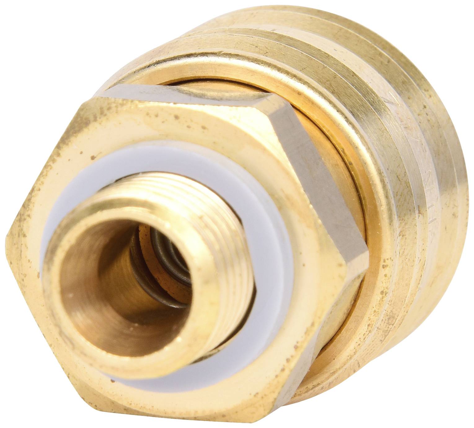 Messing-Verschraubung mit weißem Dichtungsring, zylindrische Form. Hauptsächlich verwendet in Sanitär- oder Heizungsinstallationen.