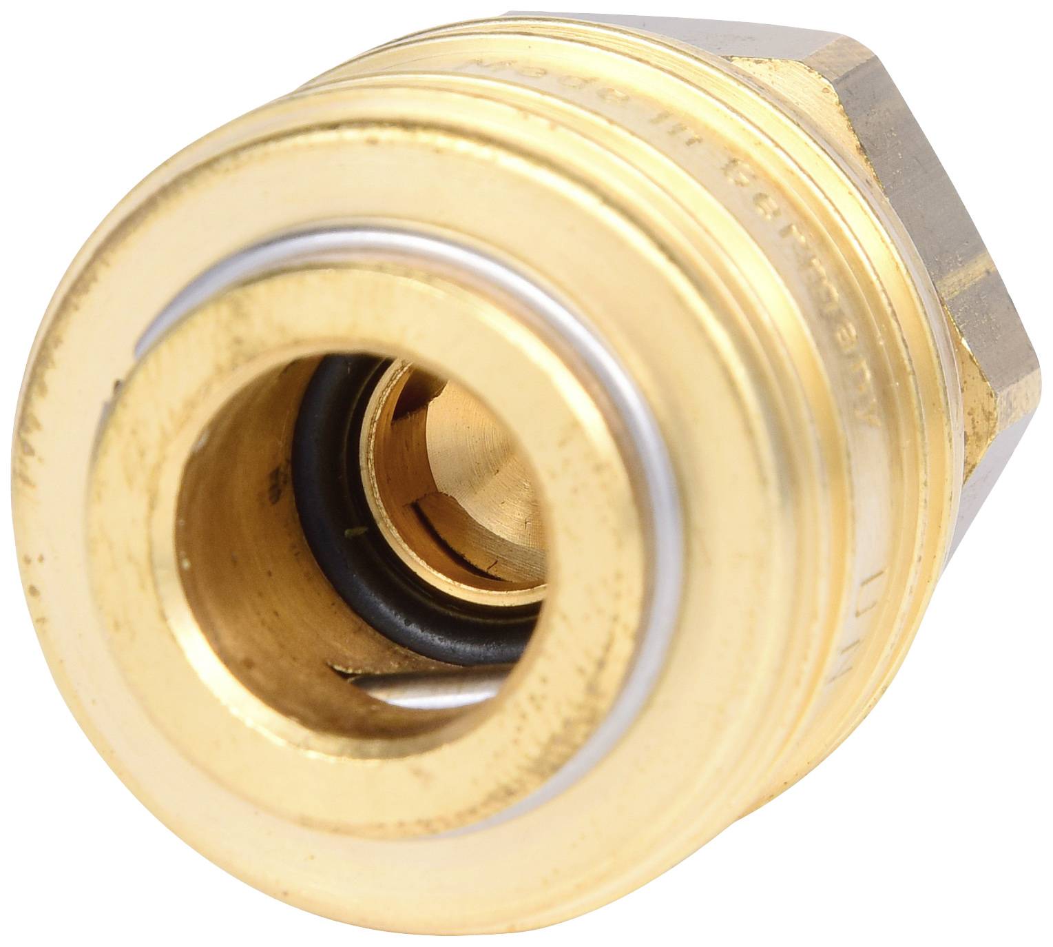 Messingverschraubung mit rundem Profil und Innengewinde, geeignet für Rohrverbindungen.