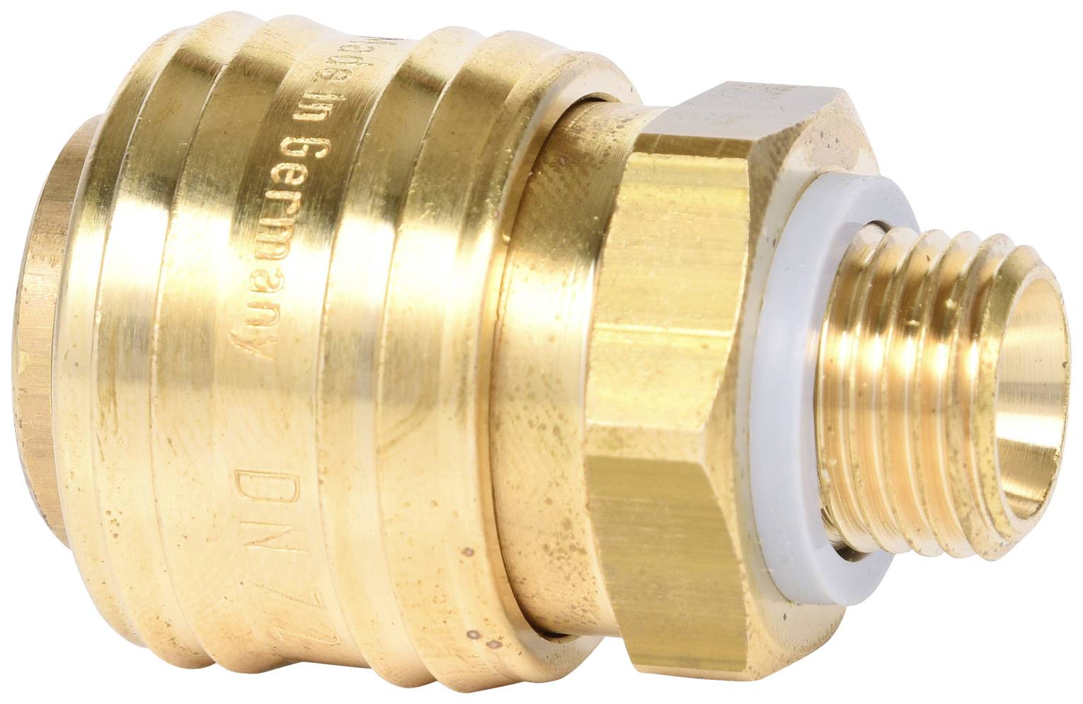 Messing-Schlauchverbinder, zylindrisch, mit Gewinde und Dichtung. Geeignet zum Anschluss von Rohren oder Schläuchen in Sanitäranlagen.