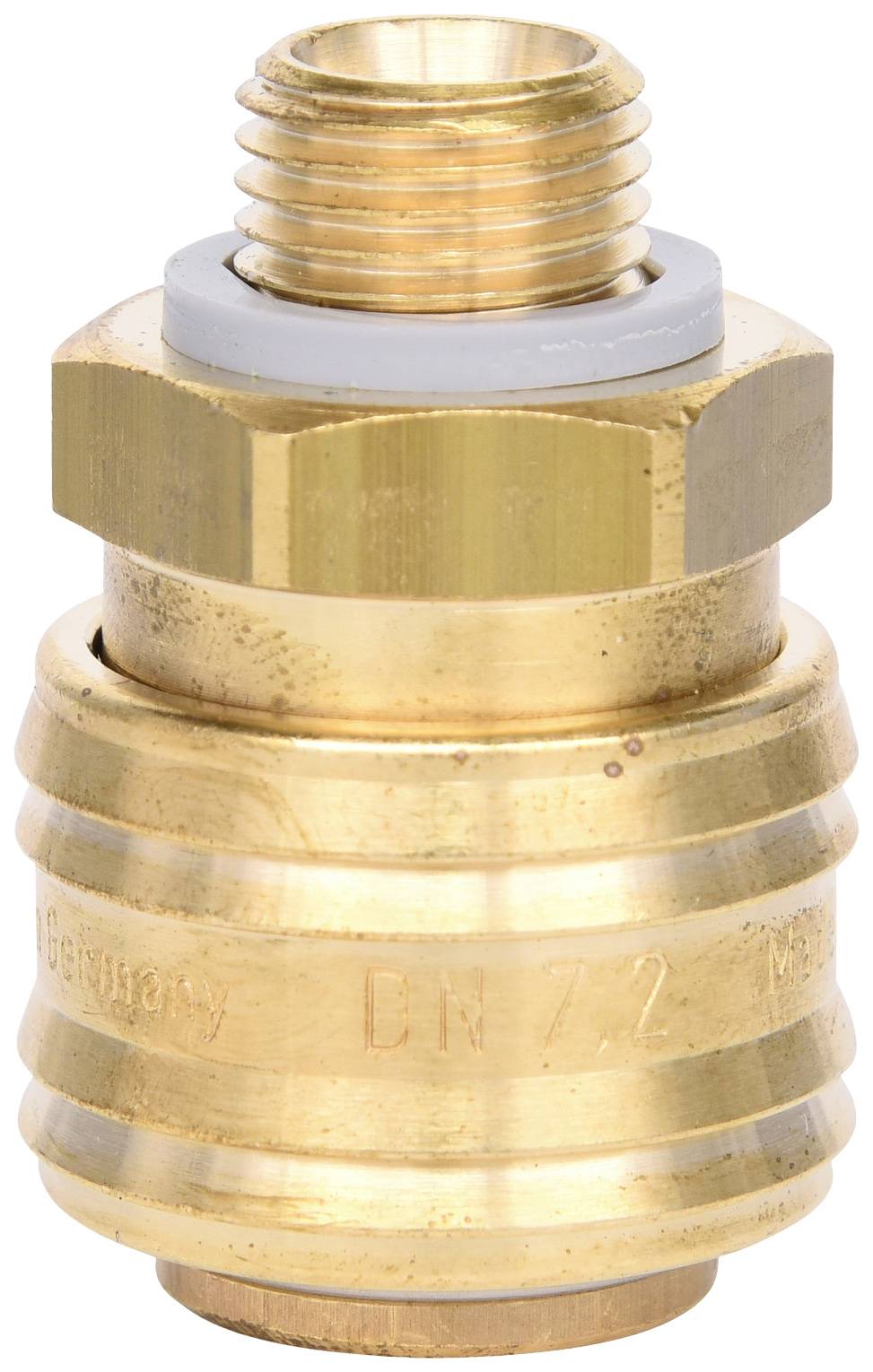 Messing Schnellkupplung, Industrieform, zylindrische Form, Metalloberfläche. Geeignet für Druckluft- und Flüssigkeitssysteme.