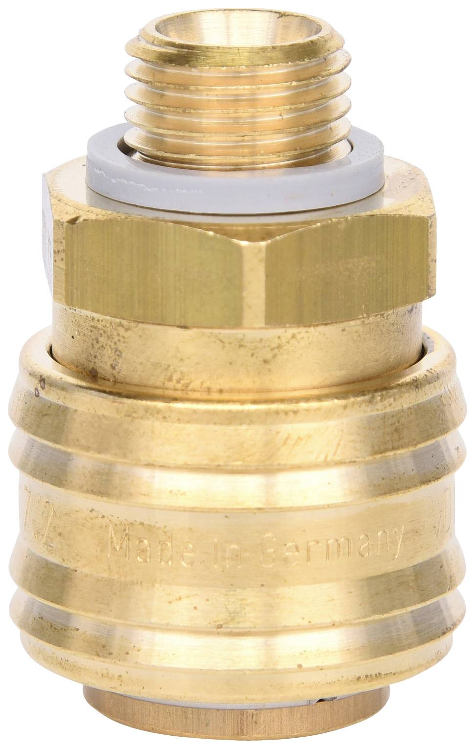 Messing-Schnellkupplung mit Gewinde, für Verbindungen in pneumatischen Systemen verwendet. Hochwertige Verarbeitung, robust und langlebig.